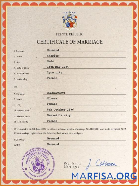 Blank France marriage certificate PSD template